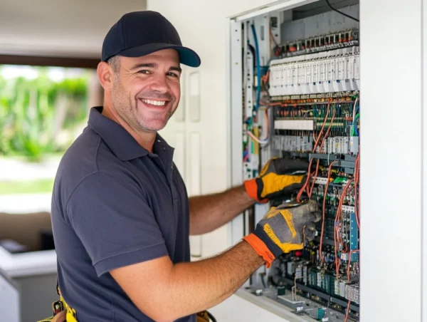 Professional electrician working on switchboard