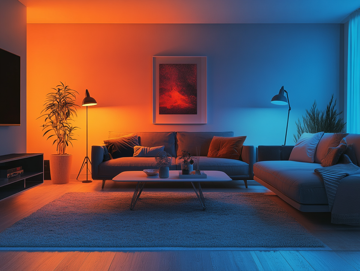 Adjustable smart lighting in a modern living room.